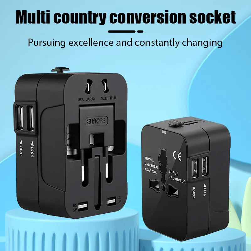 Universal Travel Adapter with Dual USB Ports - AC Power Charger for EU, UK, US, and AU Outlets