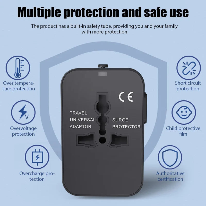 Universal Travel Adapter with Dual USB Ports - AC Power Charger for EU, UK, US, and AU Outlets
