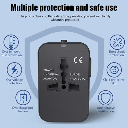 Universal Travel Adapter with Dual USB Ports - AC Power Charger for EU, UK, US, and AU Outlets