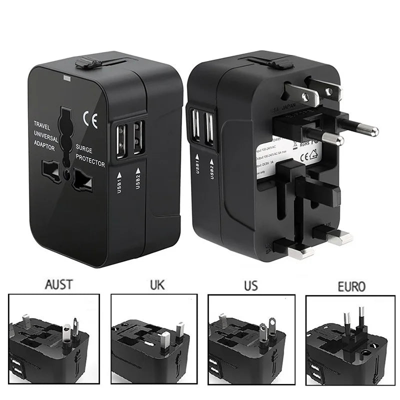 Universal Travel Adapter with Dual USB Ports - AC Power Charger for EU, UK, US, and AU Outlets