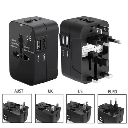 Universal Travel Adapter with Dual USB Ports - AC Power Charger for EU, UK, US, and AU Outlets