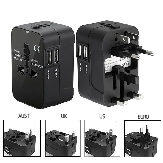 Universal Travel Adapter with Dual USB Ports - AC Power Charger for EU, UK, US, and AU Outlets